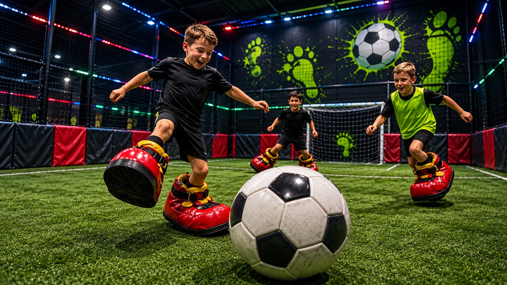 Kinder spielen Fußball in großen, roten, weichen Schuhen