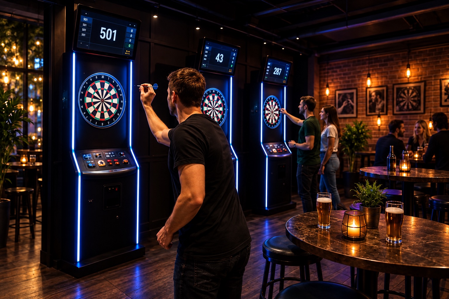 Spieler an beleuchteten elektronischen Dartscheiben
