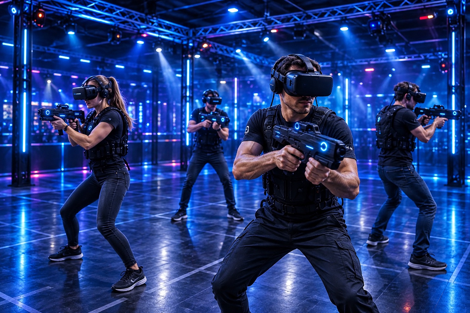 Vier Spieler mit VR-Headsets in einer beleuchteten Arena