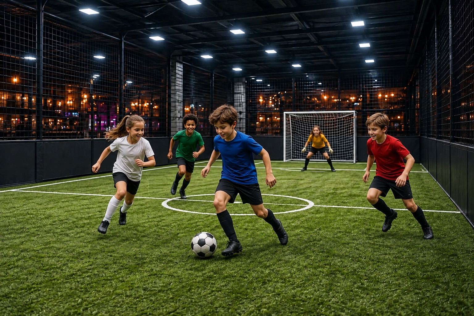 Fünf Kinder spielen Fußball auf einem kompakten Kunstrasenplatz in der Halle