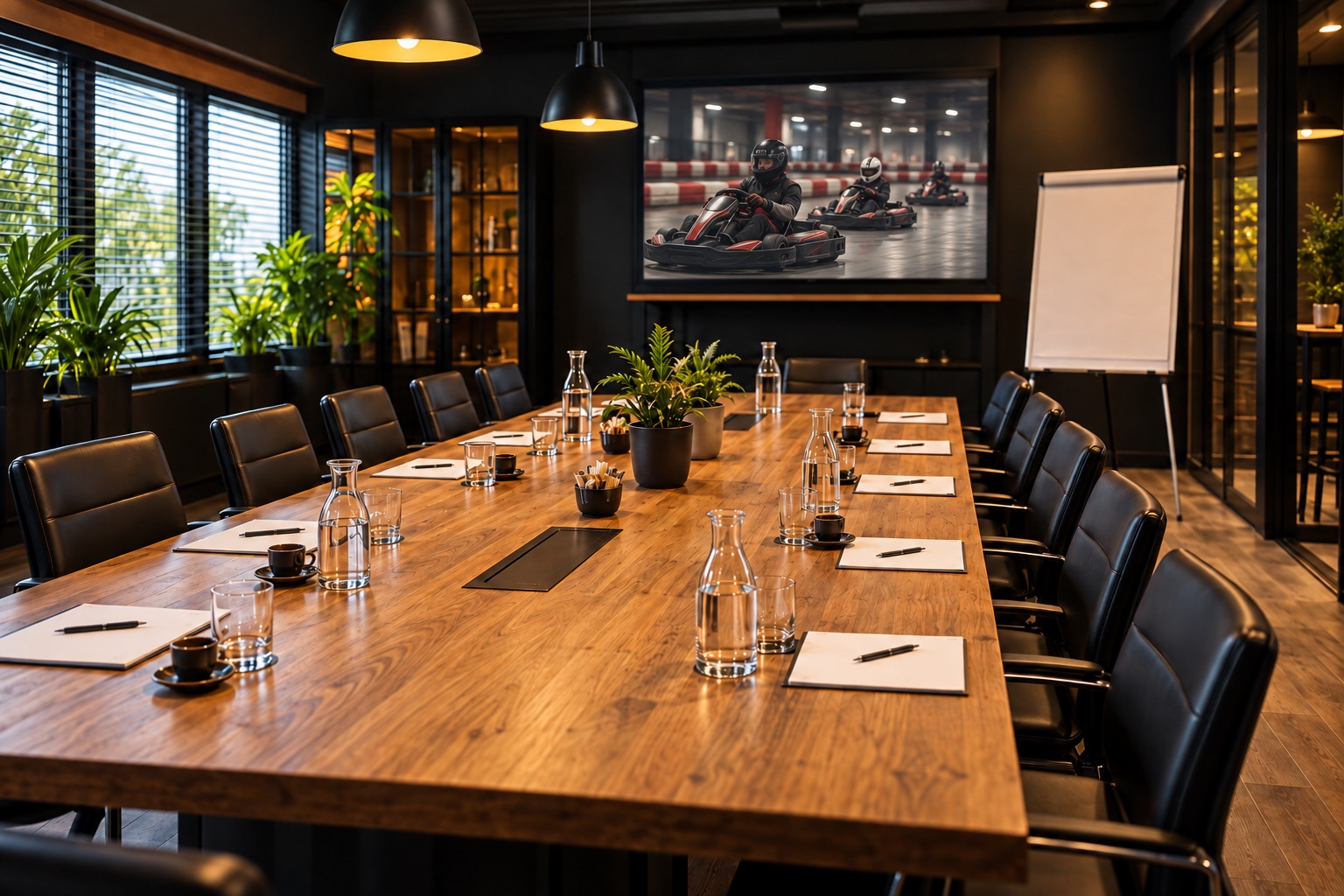 Besprechungsraum mit Holztisch, Projektionsleinwand und Kaffee